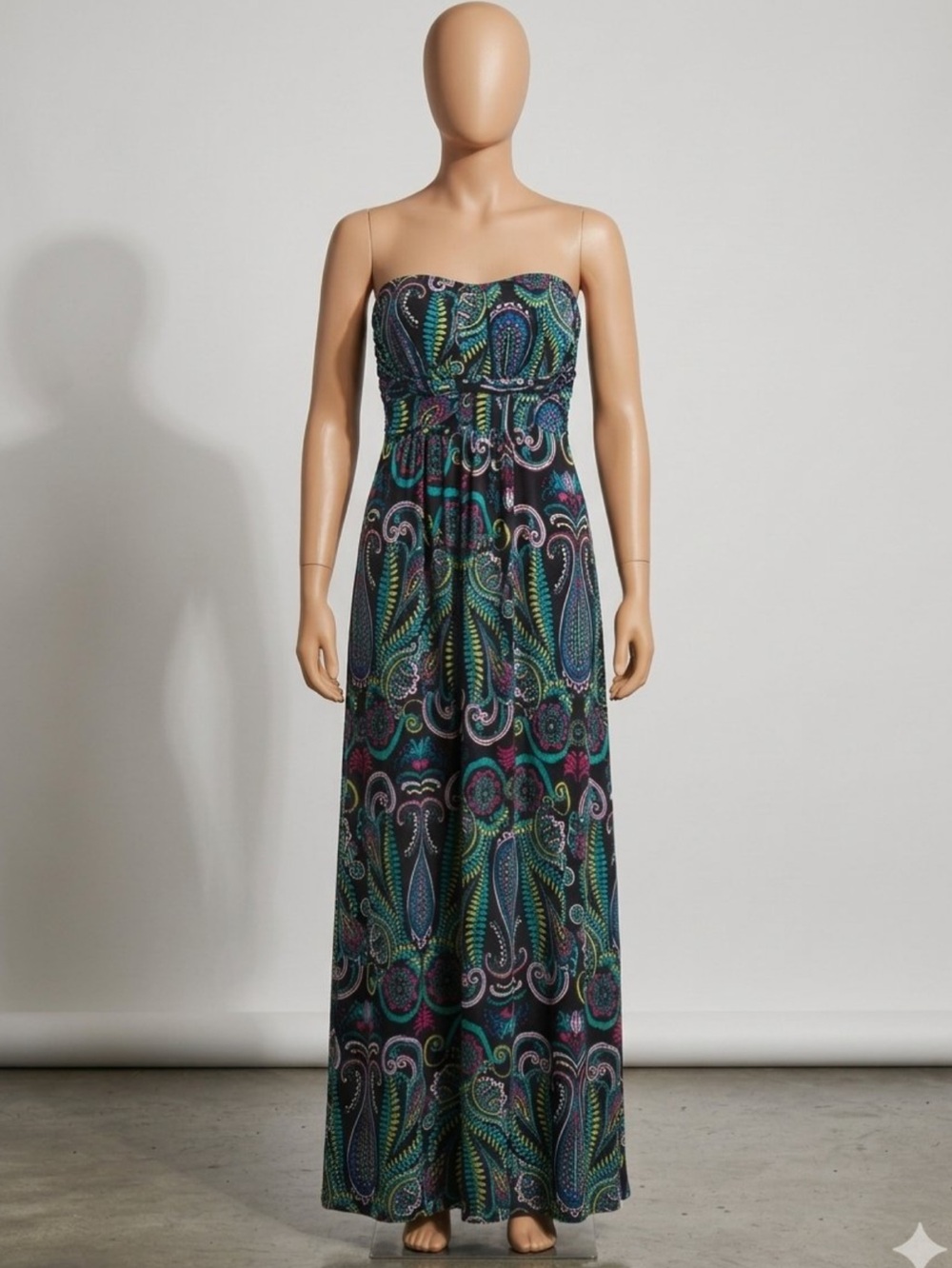 Soma Black and Multicolor Paisley-Print Maxi Strapless Bandeau Dress